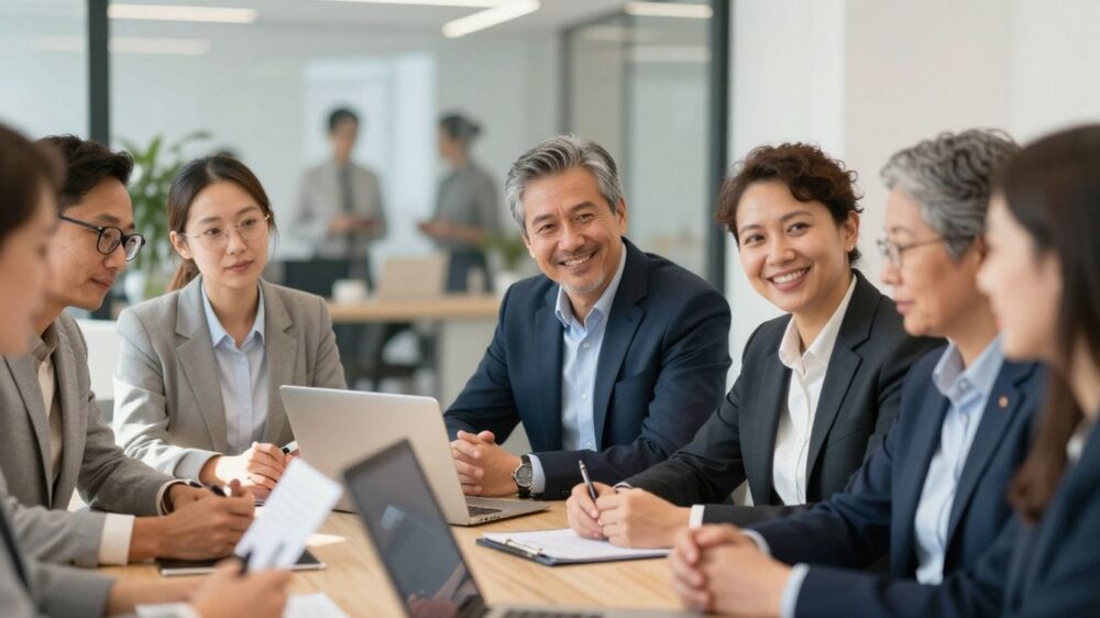 UK business people collaborating in a modern office.