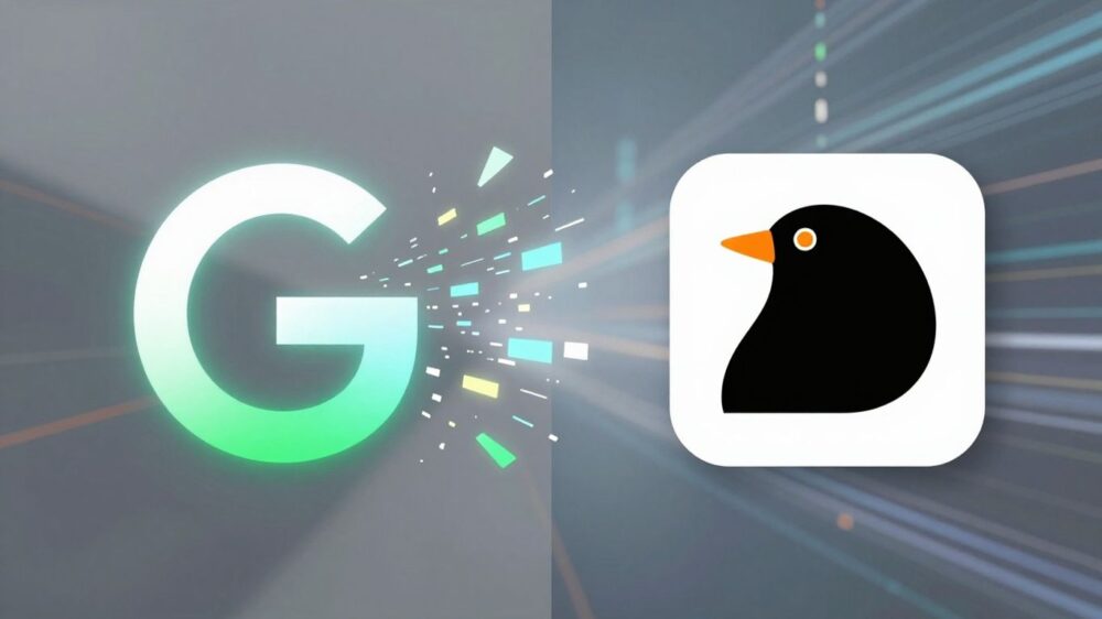 Google logo dissolving, DuckDuckGo logo standing strong.