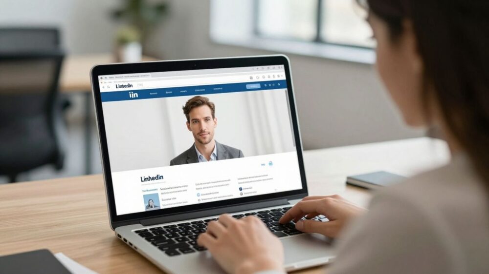 Woman studying LinkedIn profile on laptop.