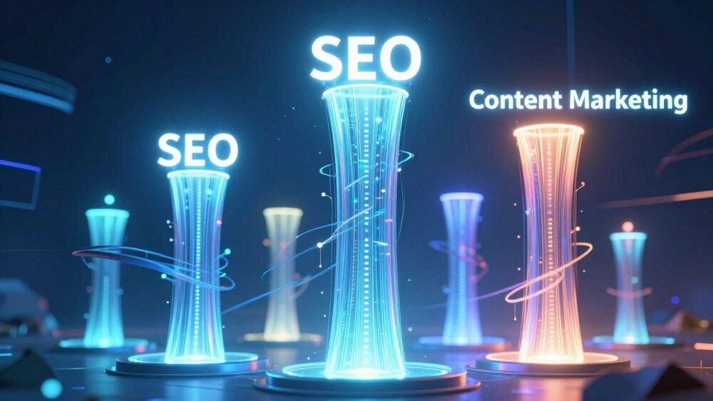 Glowing pillars of SEO and Content Marketing are driving website traffic.