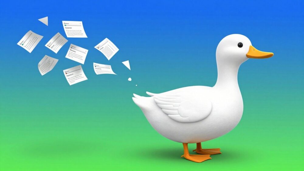 DuckDuckGo duck flying away from Google search results.