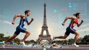 Olympic athletes and digital streams with Eiffel Tower.