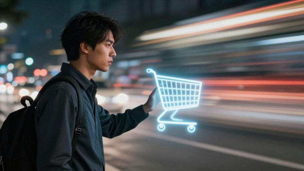 Man with a virtual e-commerce shopping trolley.